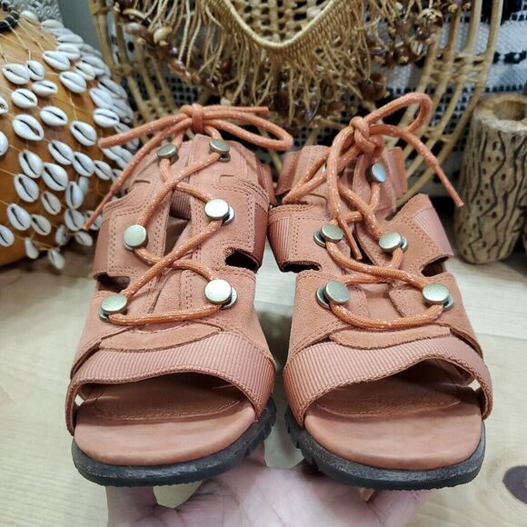 Sorel Nadia Womens 7 Teak Brown Suede Lace Up Sandals Shoes Block Heel - Picture 3 of 12